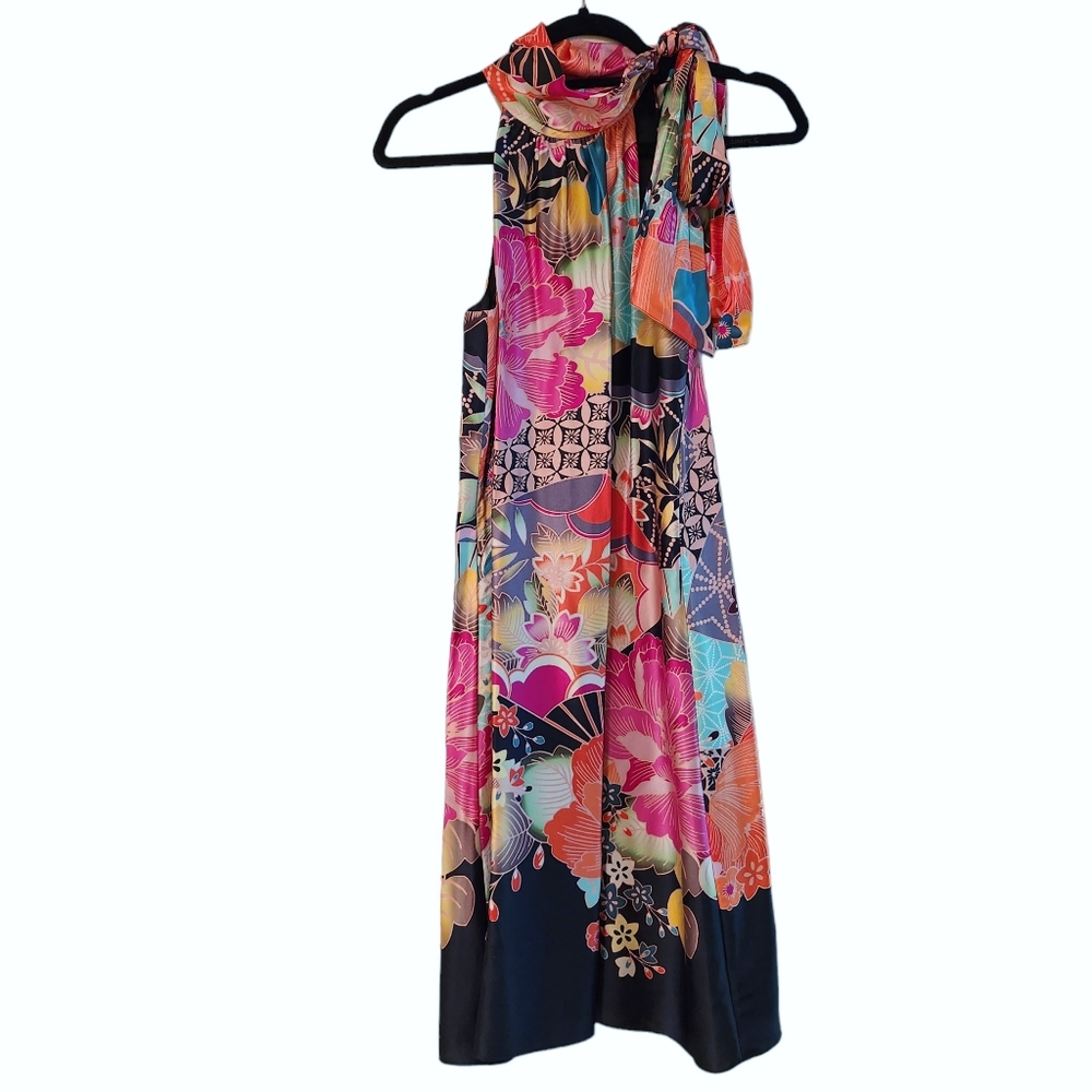 *NWT* Trina Turk 100% Silk Multicolored Tie-Neck Scarf Midi Dress - Picture 2 of 12